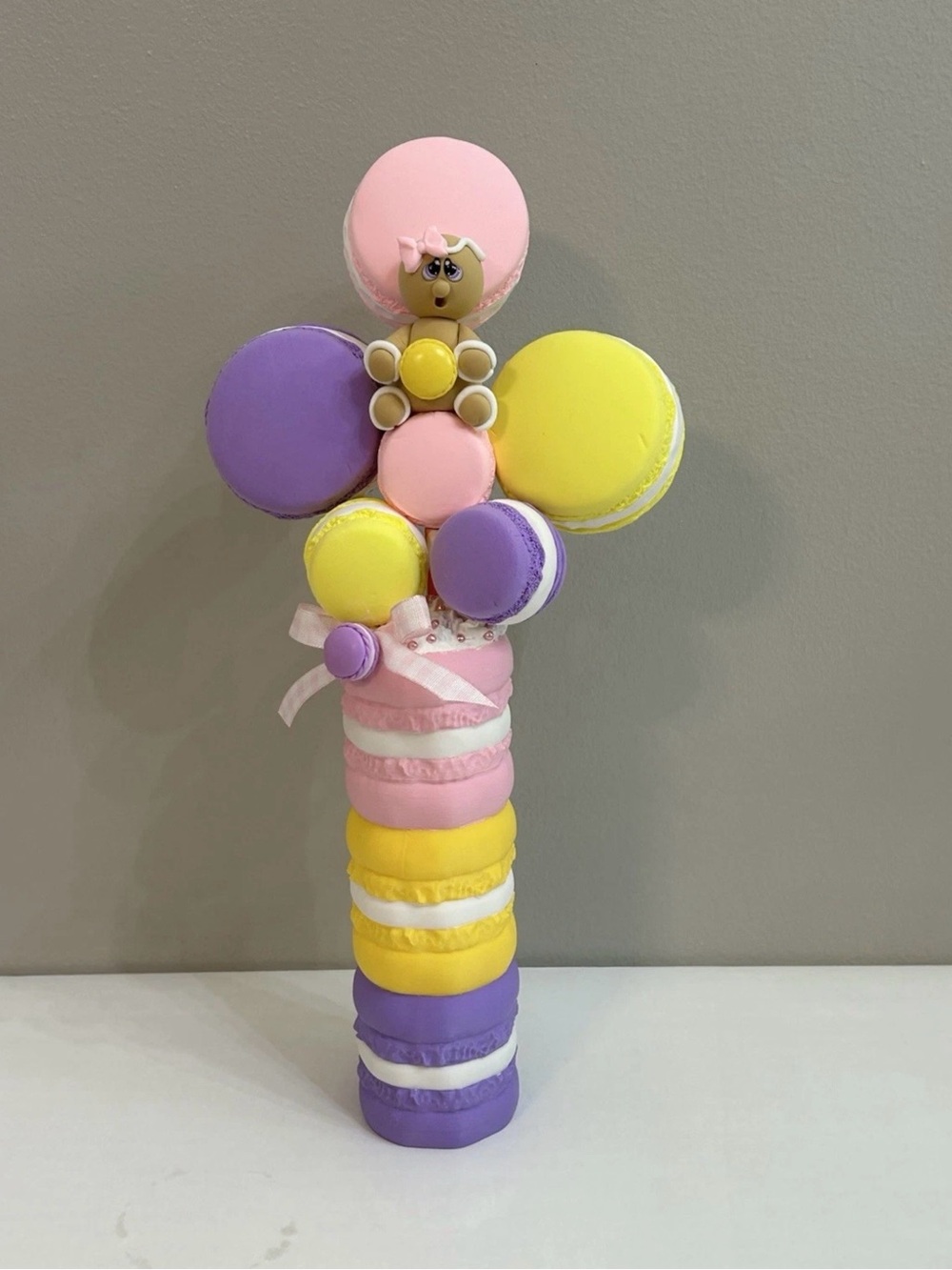 Pastel Fake Macaron Cookie Bouquet Display Handmade - Pink, Purple & Yellow